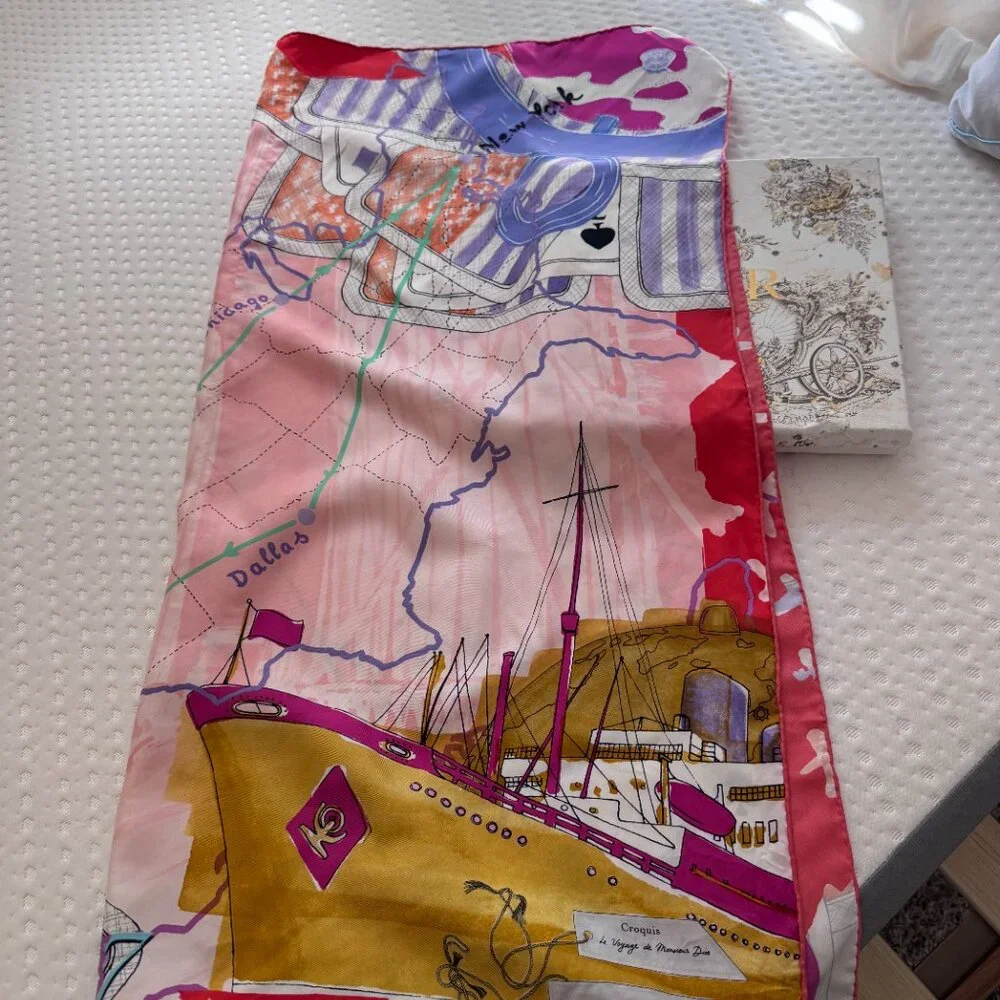 Dior American voyage coral pink silk scarf 34”